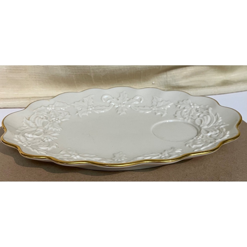 Lenox Snack Plate Unisex OS Ivory Excellent Holiday Dreams Holly Gold Trim Tray